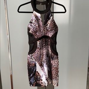 Bebe leopard print fitted mini dress with mesh